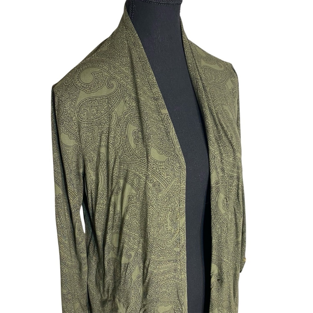 LIZ CLAIBORNE Olive Green Black Paisley Duster Kimono Robe Long Cardigan Small